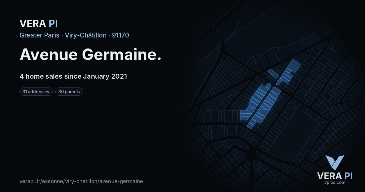 Avenue Germaine, Viry-Châtillon at night – every parcel coloured by the prices around it, the street's own parcels lit