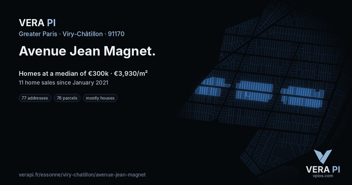 Avenue Jean Magnet, Viry-Châtillon at night – every parcel coloured by the prices around it, the street's own parcels lit