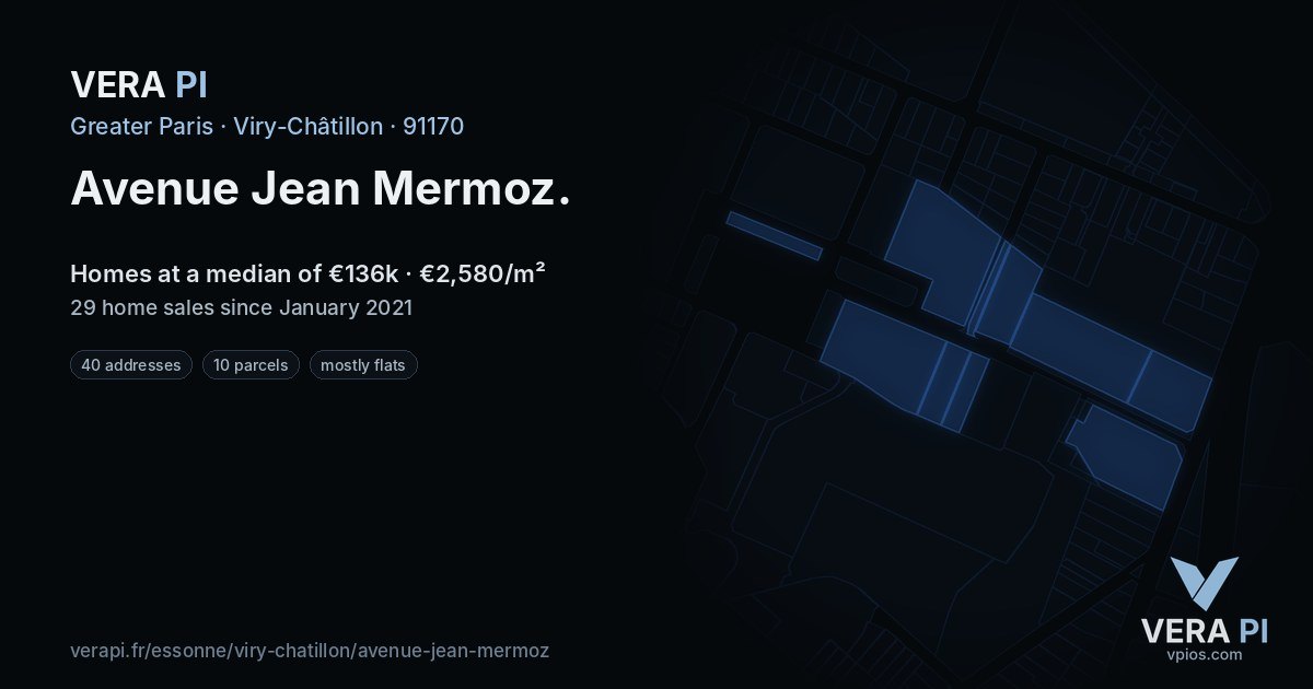 Avenue Jean Mermoz, Viry-Châtillon at night – every parcel coloured by the prices around it, the street's own parcels lit