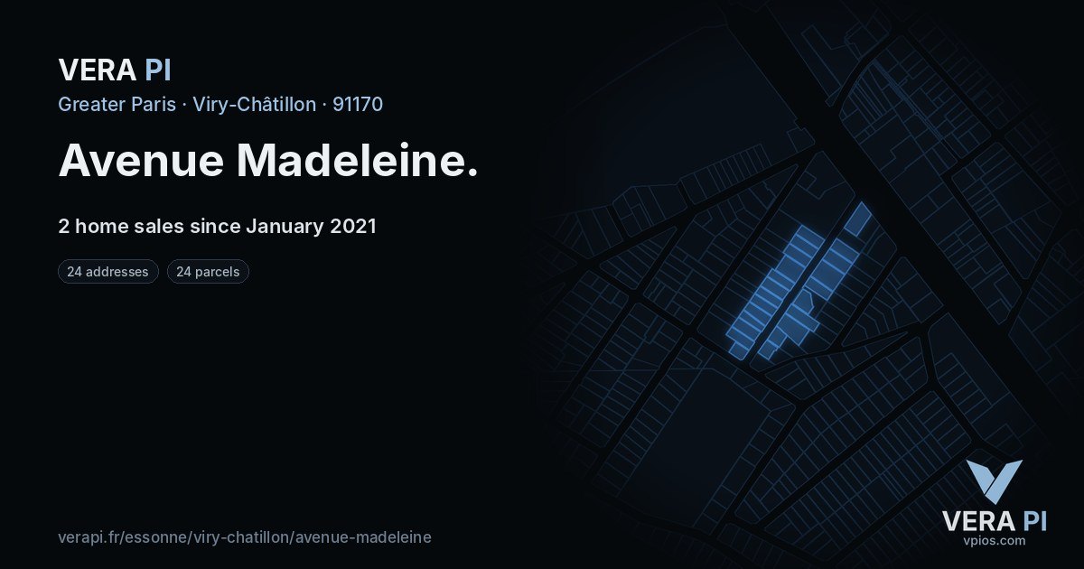 Avenue Madeleine, Viry-Châtillon at night – every parcel coloured by the prices around it, the street's own parcels lit