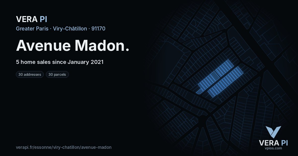 Avenue Madon, Viry-Châtillon at night – every parcel coloured by the prices around it, the street's own parcels lit
