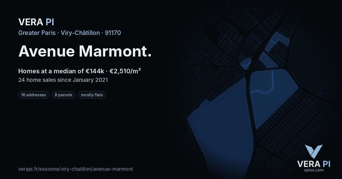 Avenue Marmont, Viry-Châtillon at night – every parcel coloured by the prices around it, the street's own parcels lit