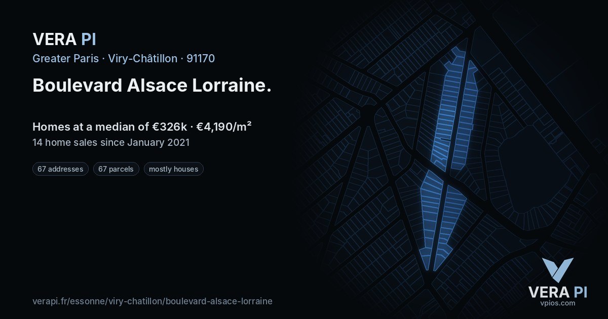 Boulevard Alsace Lorraine, Viry-Châtillon at night – every parcel coloured by the prices around it, the street's own parcels lit