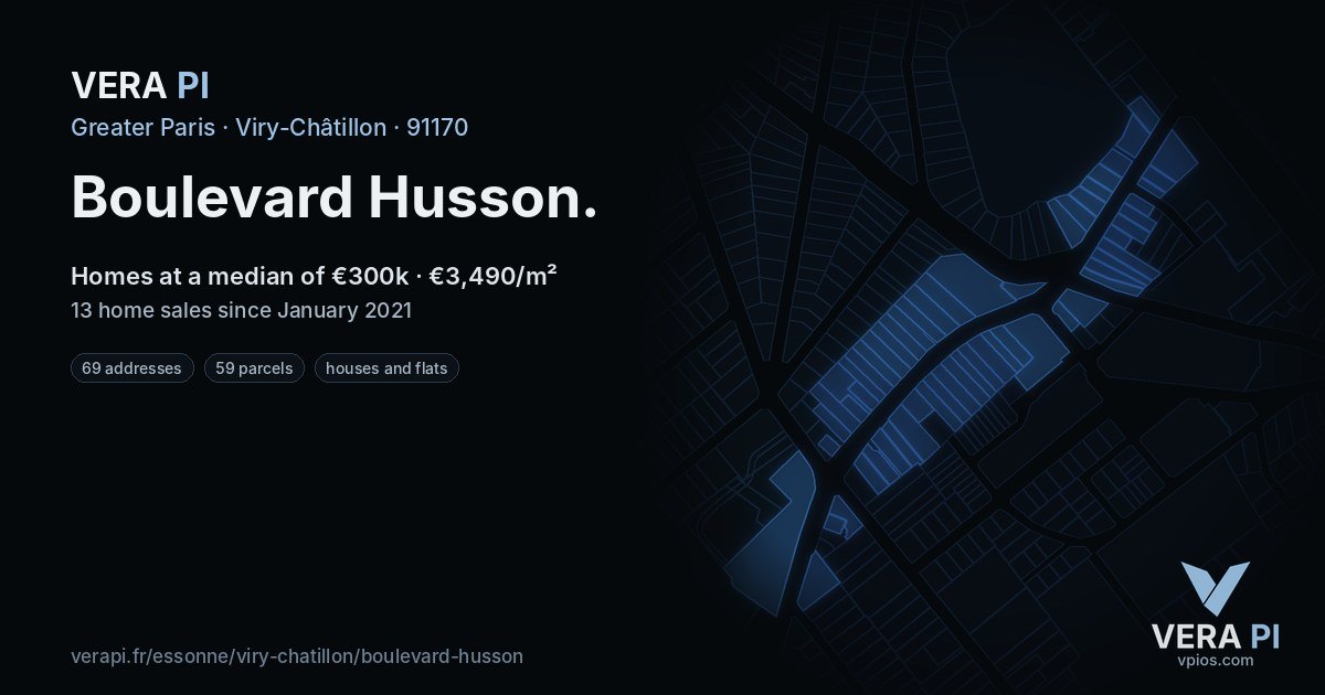Boulevard Husson, Viry-Châtillon at night – every parcel coloured by the prices around it, the street's own parcels lit