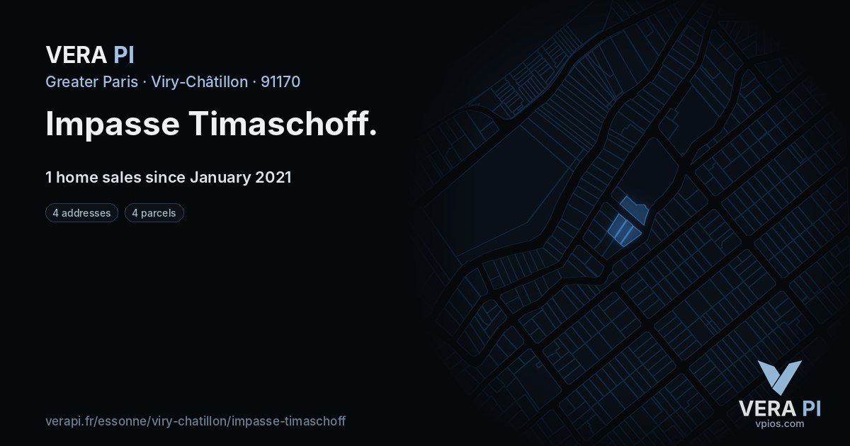 Impasse Timaschoff, Viry-Châtillon at night – every parcel coloured by the prices around it, the street's own parcels lit