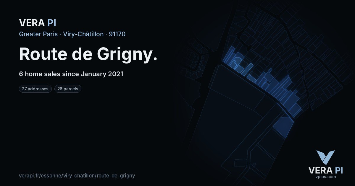 Route de Grigny, Viry-Châtillon at night – every parcel coloured by the prices around it, the street's own parcels lit