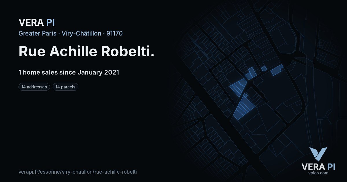 Rue Achille Robelti, Viry-Châtillon at night – every parcel coloured by the prices around it, the street's own parcels lit