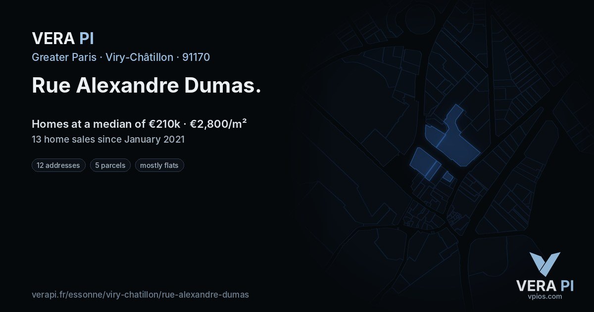 Rue Alexandre Dumas, Viry-Châtillon at night – every parcel coloured by the prices around it, the street's own parcels lit