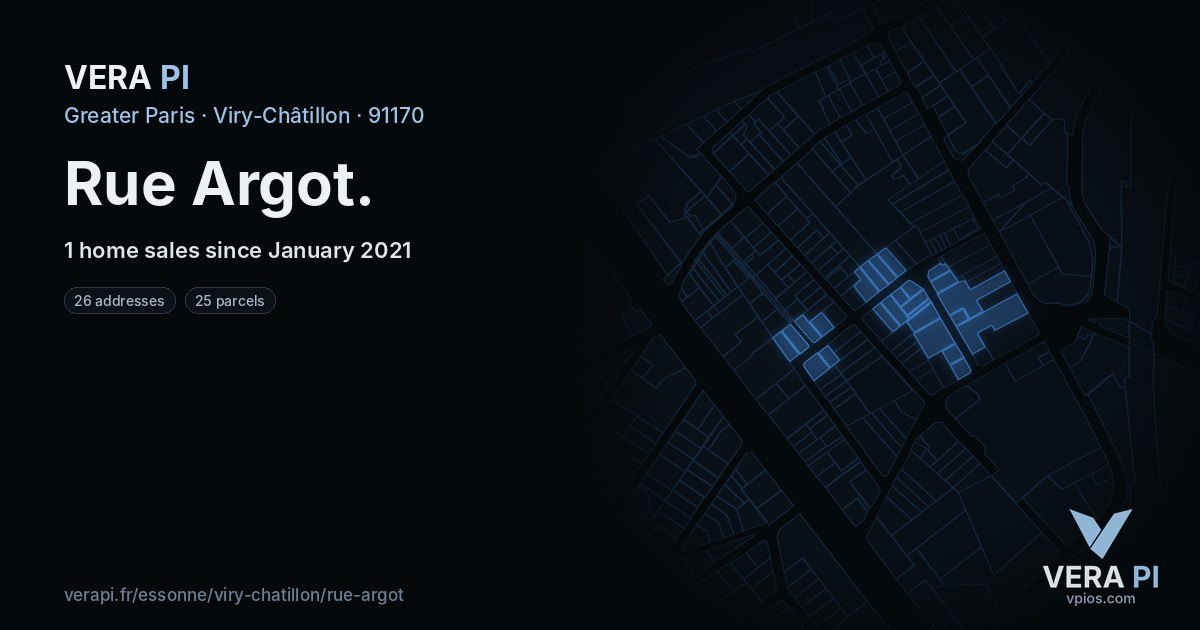 Rue Argot, Viry-Châtillon at night – every parcel coloured by the prices around it, the street's own parcels lit