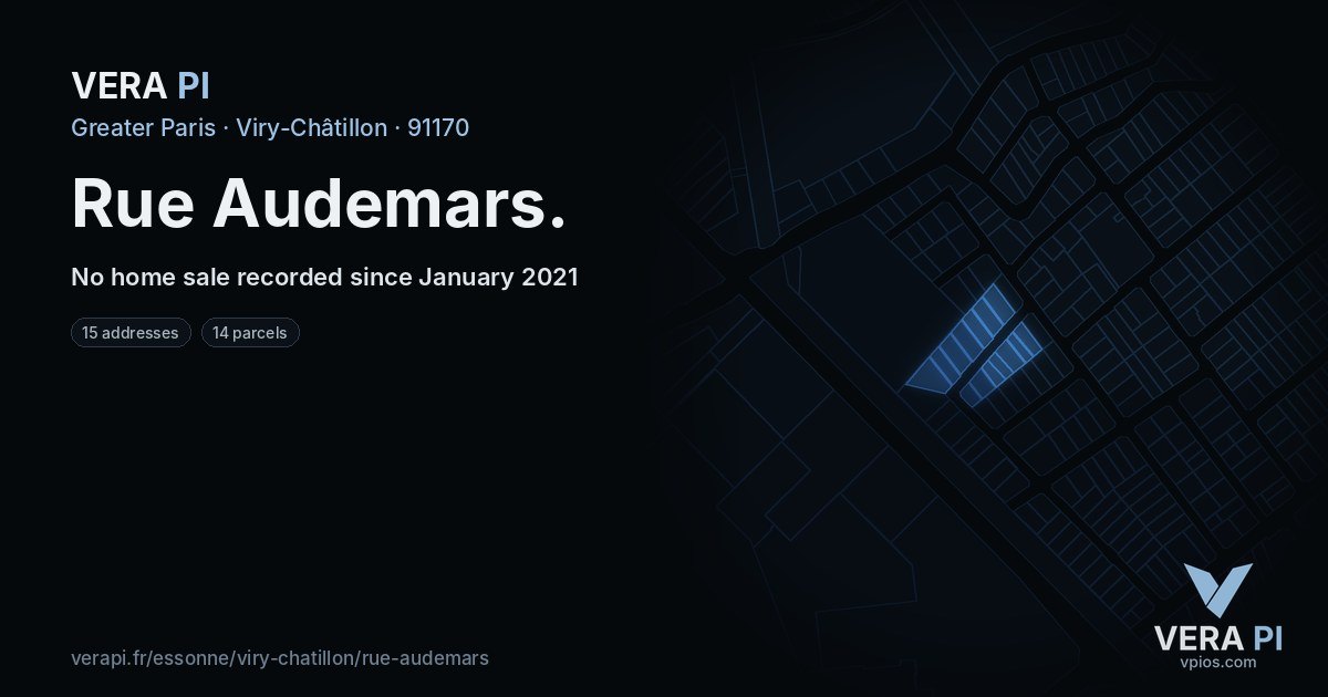Rue Audemars, Viry-Châtillon at night – every parcel coloured by the prices around it, the street's own parcels lit