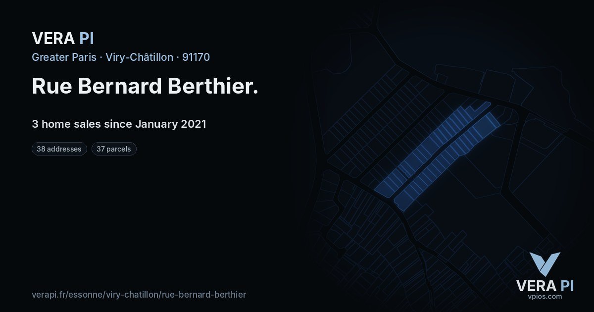 Rue Bernard Berthier, Viry-Châtillon at night – every parcel coloured by the prices around it, the street's own parcels lit