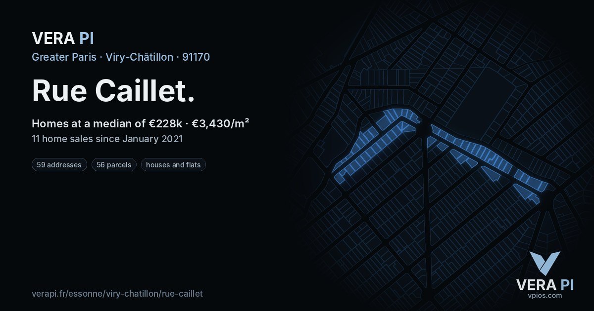 Rue Caillet, Viry-Châtillon at night – every parcel coloured by the prices around it, the street's own parcels lit