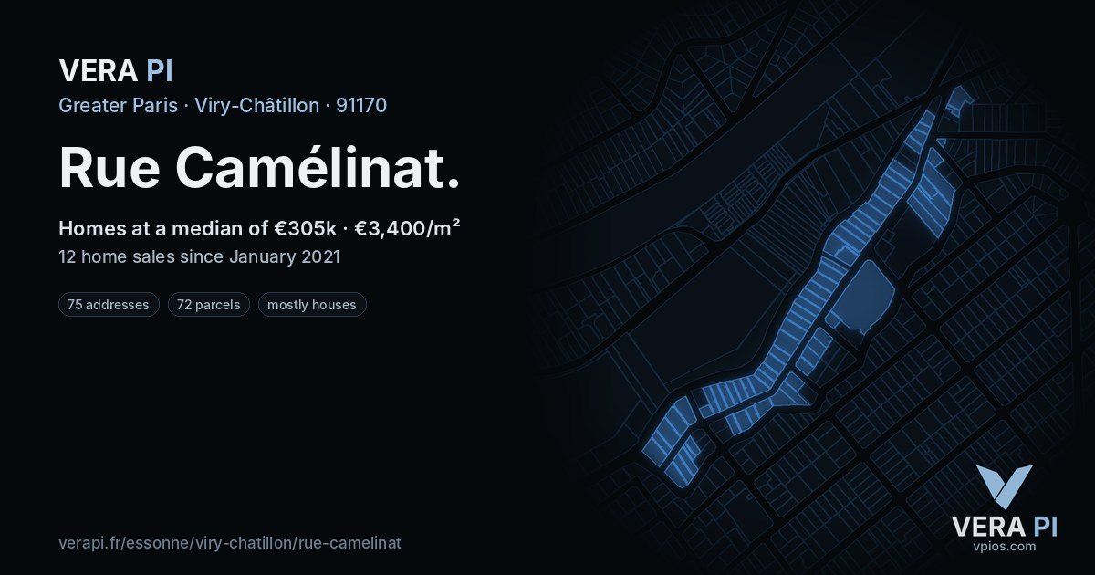 Rue Camélinat, Viry-Châtillon at night – every parcel coloured by the prices around it, the street's own parcels lit