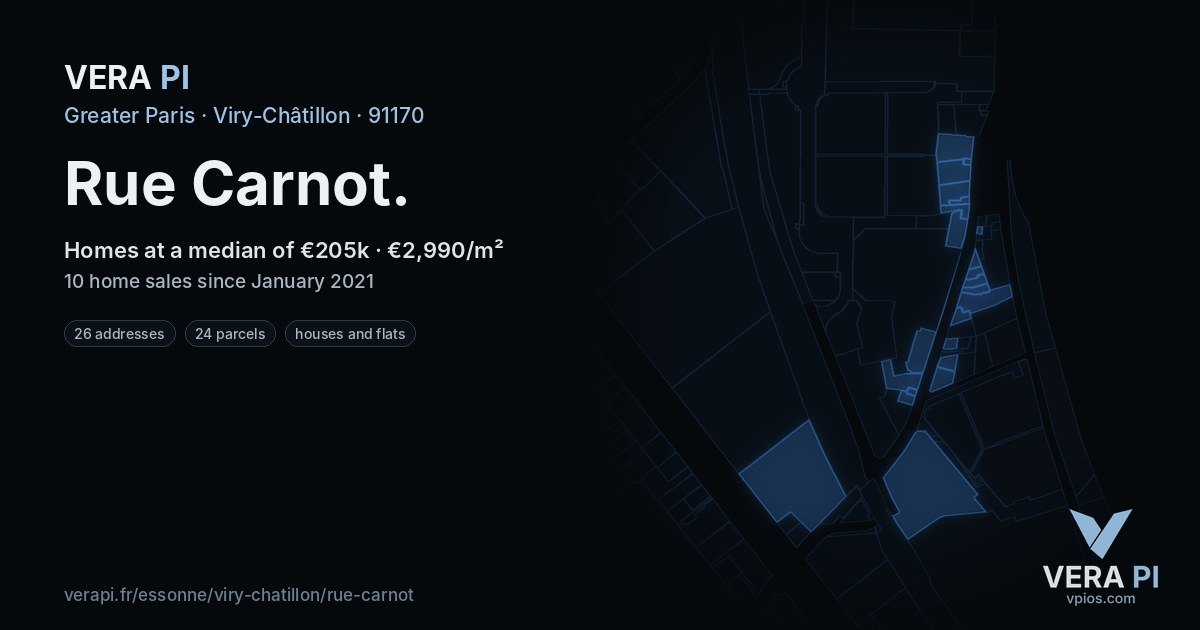 Rue Carnot, Viry-Châtillon at night – every parcel coloured by the prices around it, the street's own parcels lit
