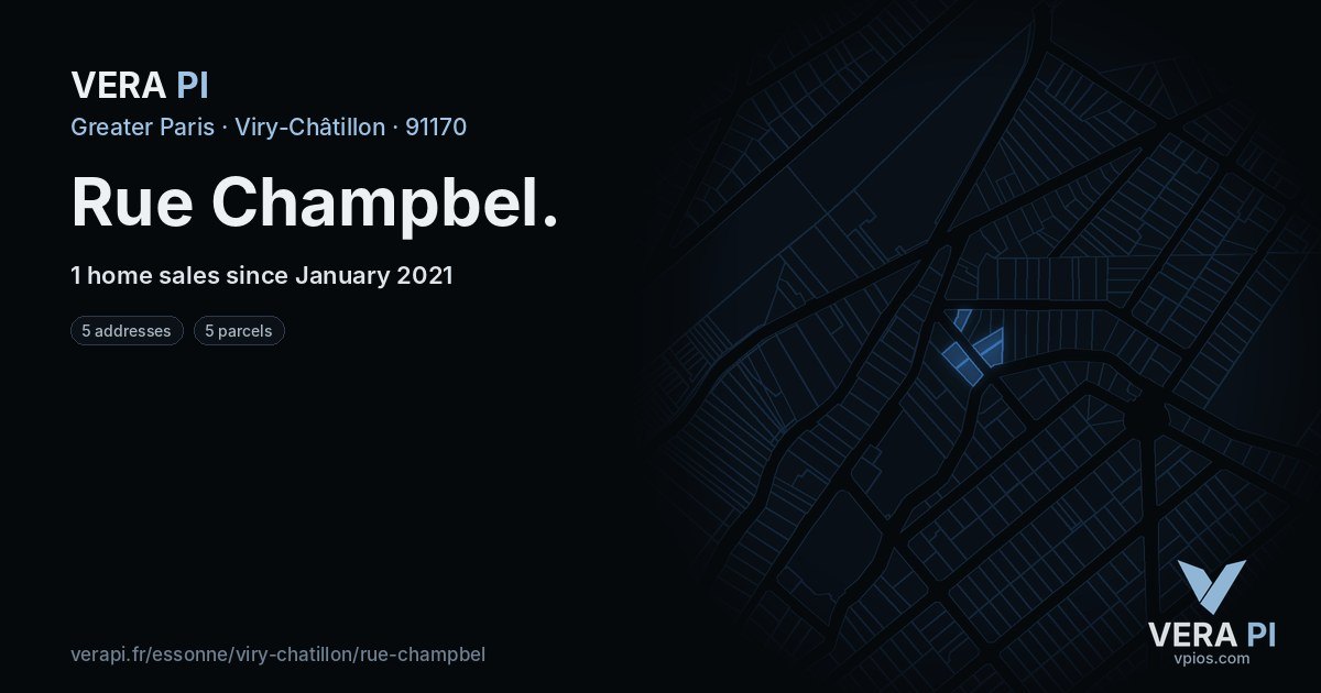Rue Champbel, Viry-Châtillon at night – every parcel coloured by the prices around it, the street's own parcels lit