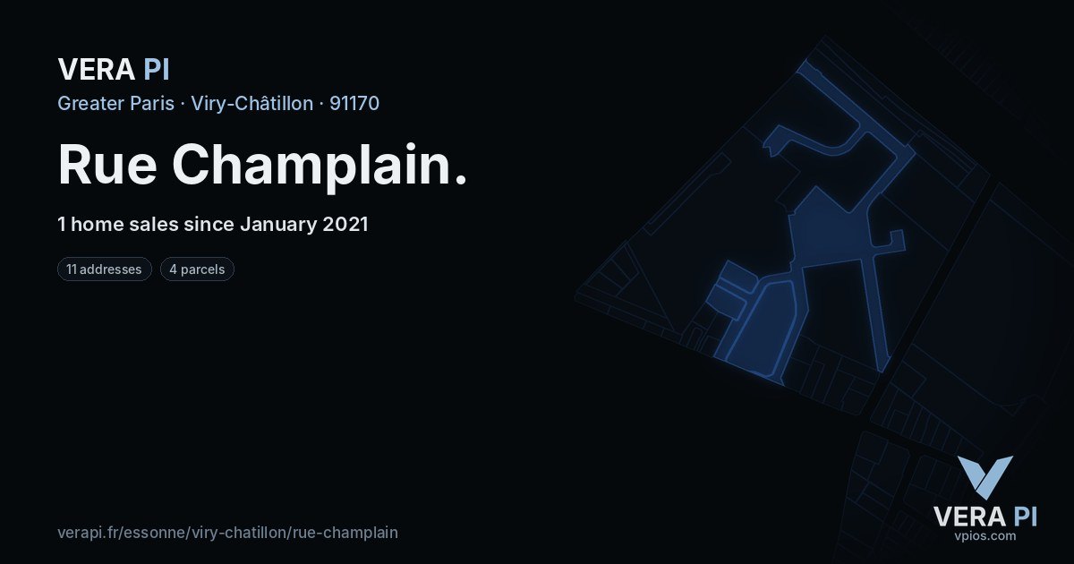 Rue Champlain, Viry-Châtillon at night – every parcel coloured by the prices around it, the street's own parcels lit