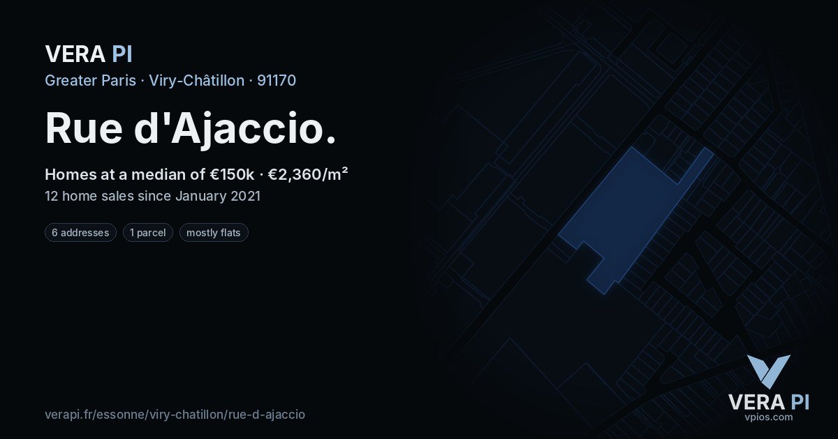 Rue d'Ajaccio, Viry-Châtillon at night – every parcel coloured by the prices around it, the street's own parcels lit