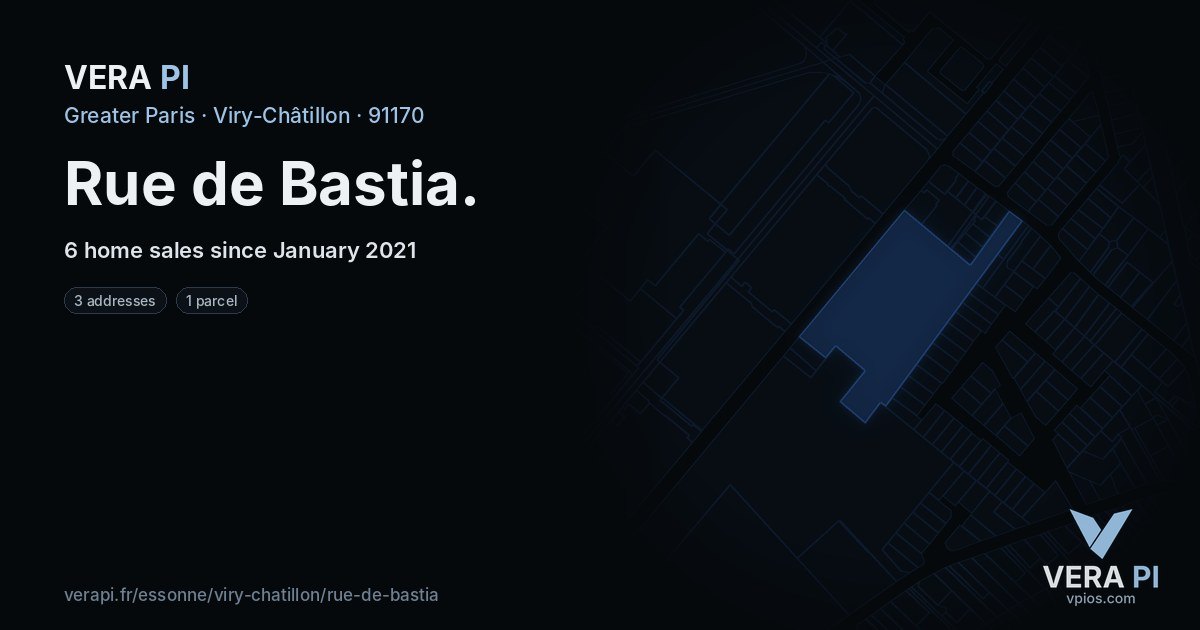 Rue de Bastia, Viry-Châtillon at night – every parcel coloured by the prices around it, the street's own parcels lit