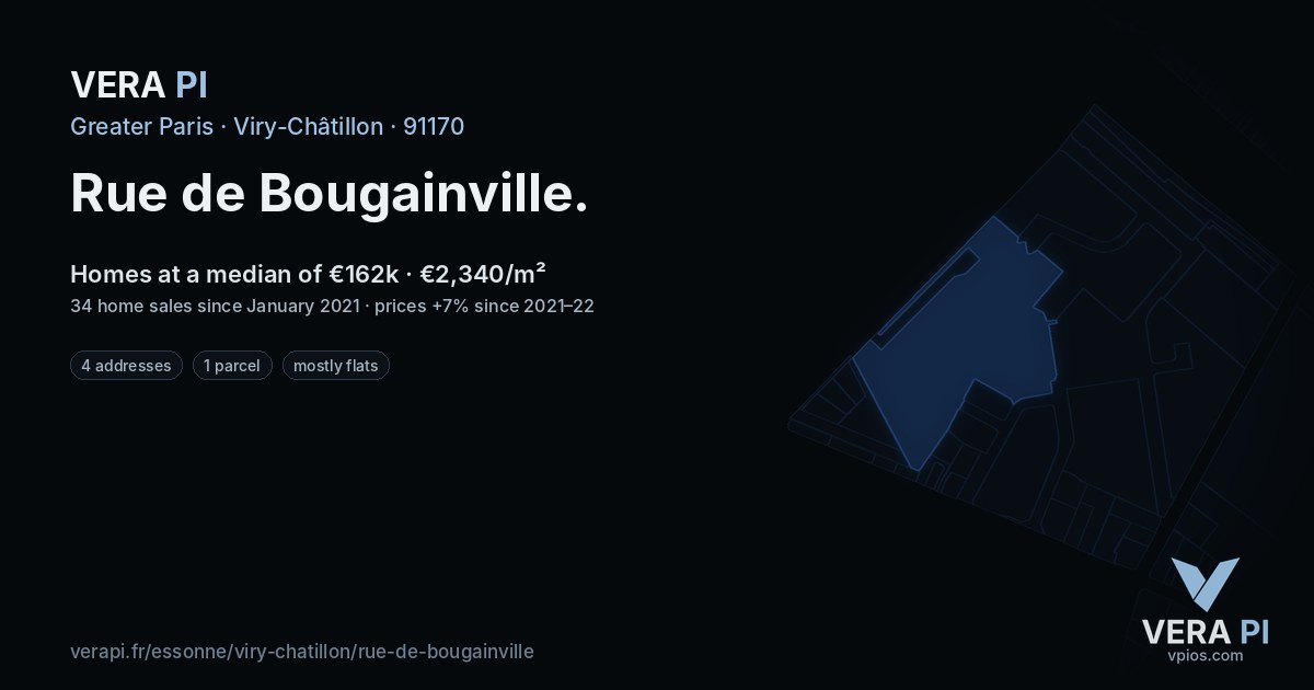 Rue de Bougainville, Viry-Châtillon at night – every parcel coloured by the prices around it, the street's own parcels lit