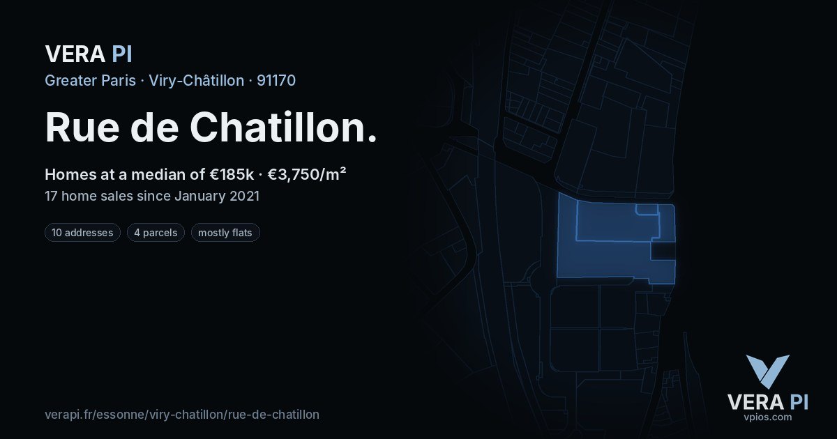 Rue de Chatillon, Viry-Châtillon at night – every parcel coloured by the prices around it, the street's own parcels lit