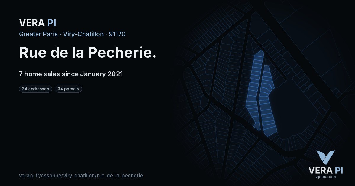 Rue de la Pecherie, Viry-Châtillon at night – every parcel coloured by the prices around it, the street's own parcels lit