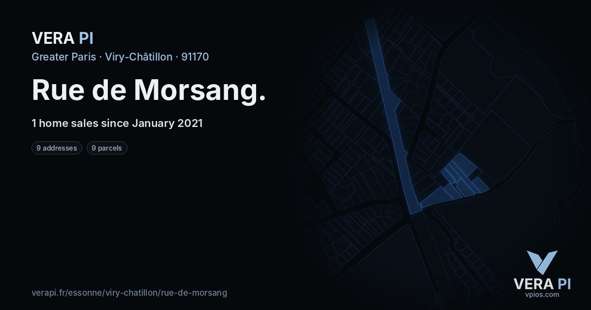 Rue de Morsang, Viry-Châtillon at night – every parcel coloured by the prices around it, the street's own parcels lit