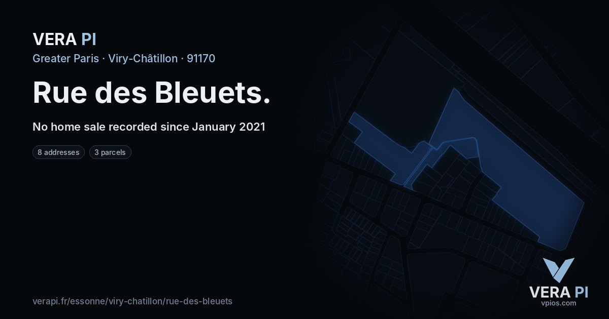 Rue des Bleuets, Viry-Châtillon at night – every parcel coloured by the prices around it, the street's own parcels lit
