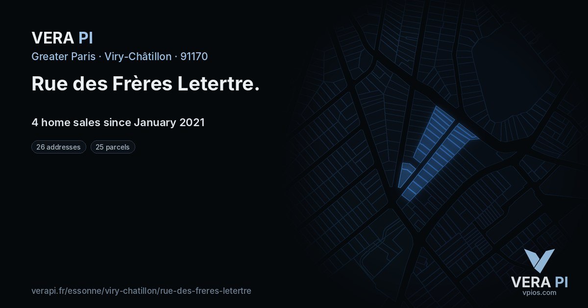 Rue des Frères Letertre, Viry-Châtillon at night – every parcel coloured by the prices around it, the street's own parcels lit