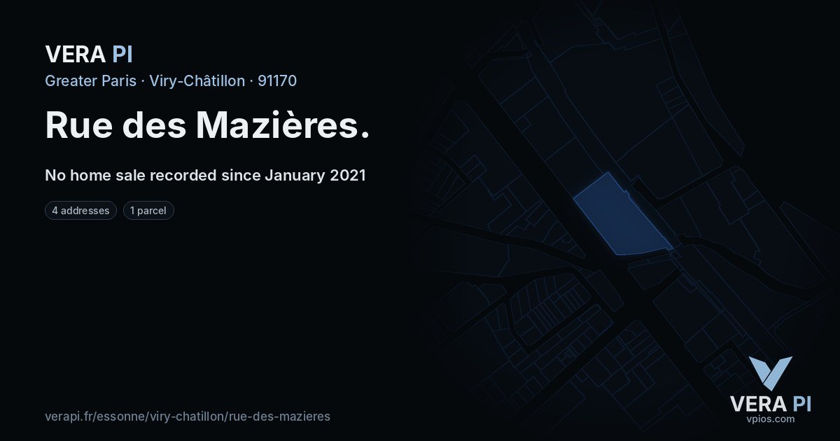 Rue des Mazières, Viry-Châtillon at night – every parcel coloured by the prices around it, the street's own parcels lit