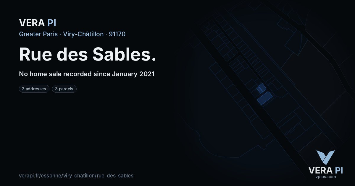 Rue des Sables, Viry-Châtillon at night – every parcel coloured by the prices around it, the street's own parcels lit