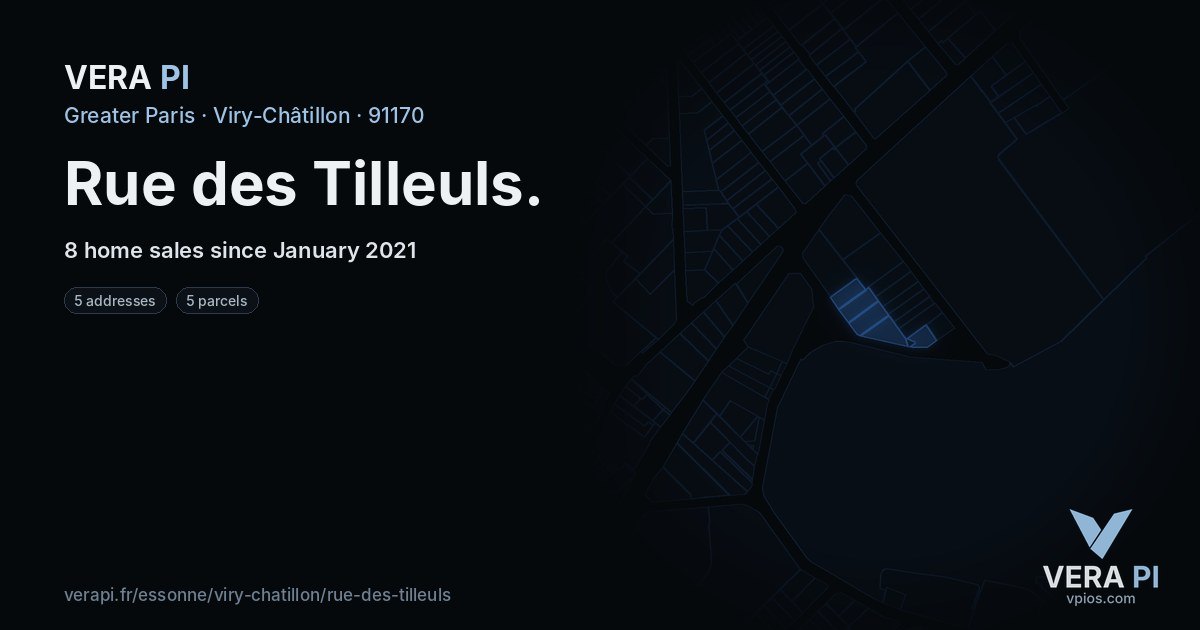Rue des Tilleuls, Viry-Châtillon at night – every parcel coloured by the prices around it, the street's own parcels lit