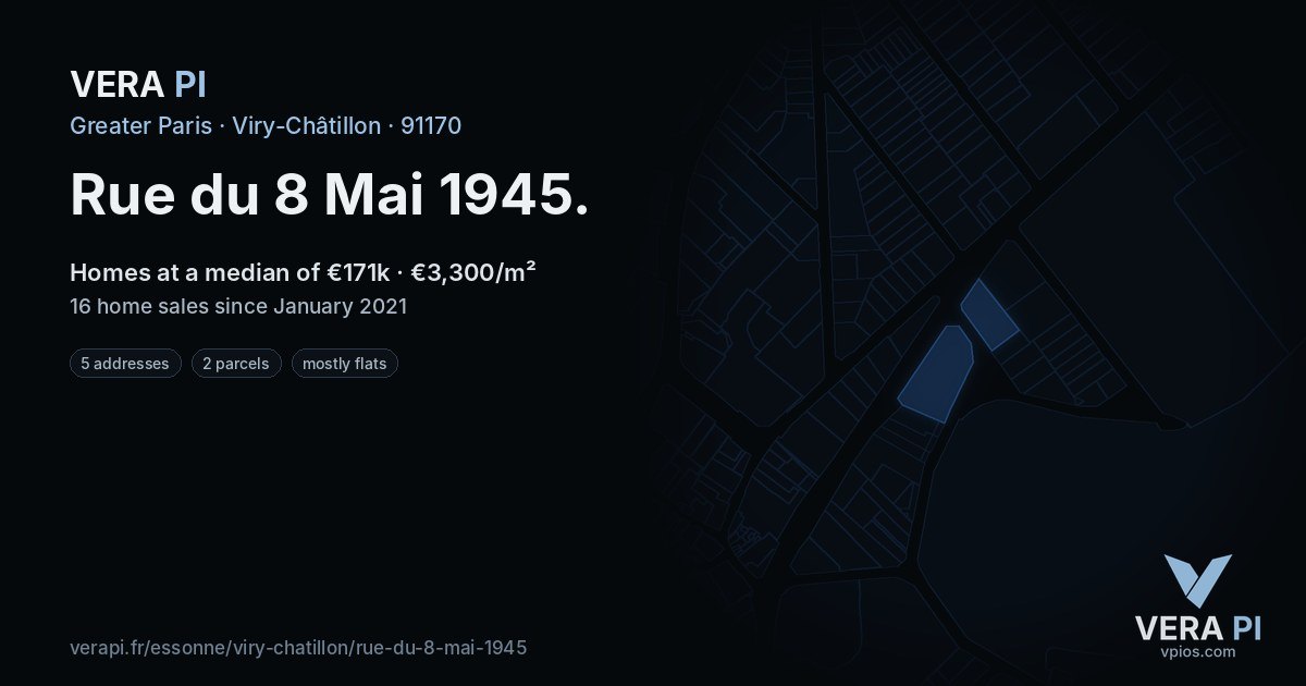 Rue du 8 Mai 1945, Viry-Châtillon at night – every parcel coloured by the prices around it, the street's own parcels lit