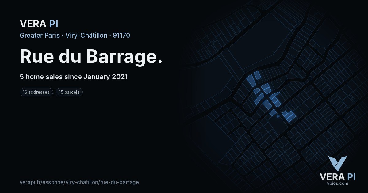 Rue du Barrage, Viry-Châtillon at night – every parcel coloured by the prices around it, the street's own parcels lit
