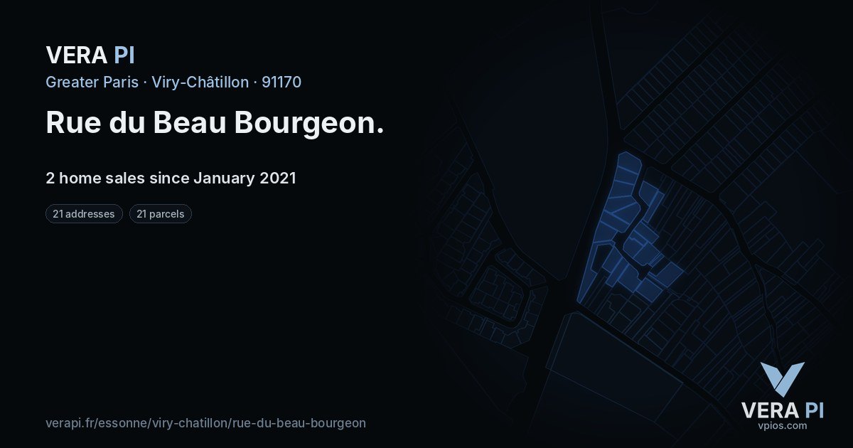 Rue du Beau Bourgeon, Viry-Châtillon at night – every parcel coloured by the prices around it, the street's own parcels lit