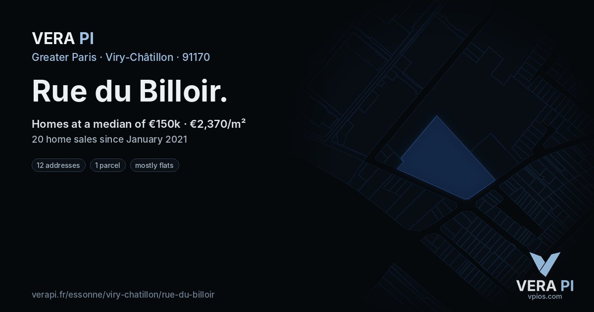 Rue du Billoir, Viry-Châtillon at night – every parcel coloured by the prices around it, the street's own parcels lit