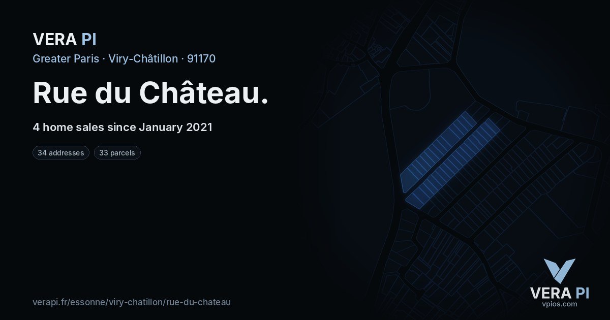 Rue du Château, Viry-Châtillon at night – every parcel coloured by the prices around it, the street's own parcels lit