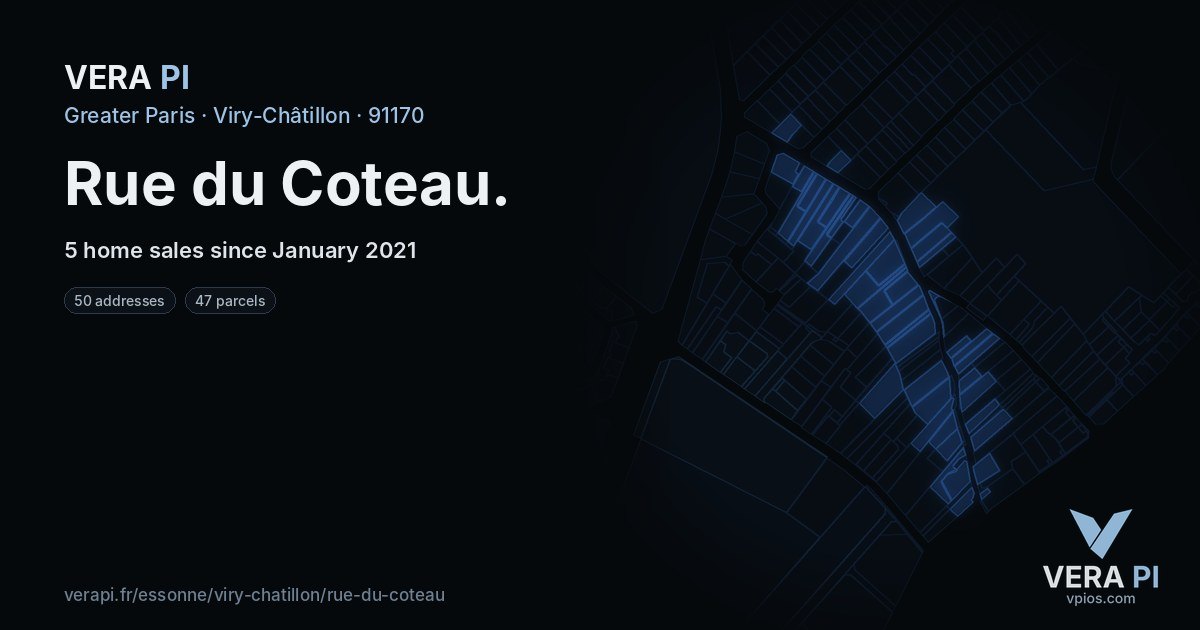 Rue du Coteau, Viry-Châtillon at night – every parcel coloured by the prices around it, the street's own parcels lit