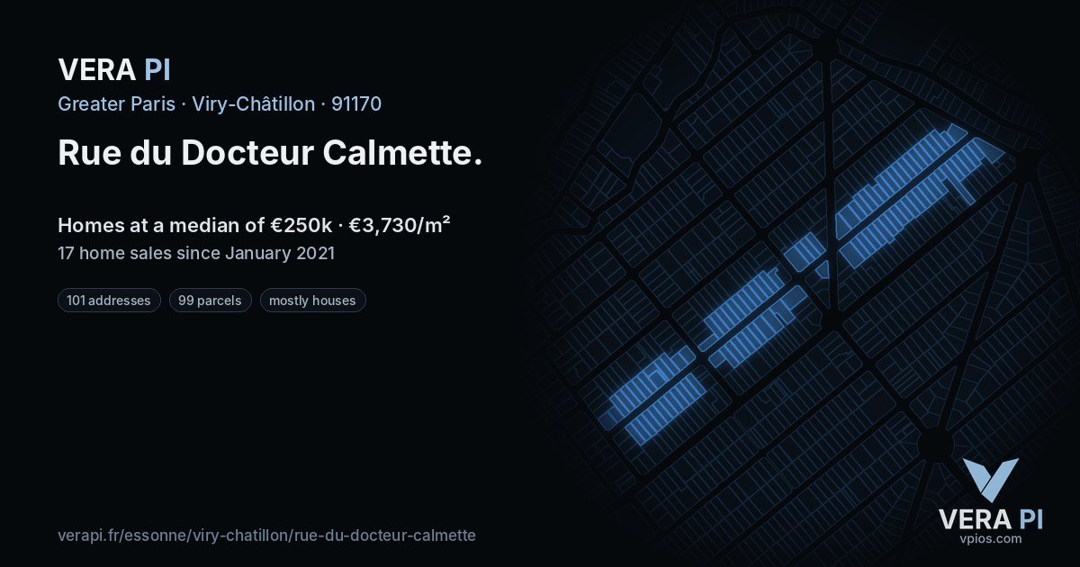 Rue du Docteur Calmette, Viry-Châtillon at night – every parcel coloured by the prices around it, the street's own parcels lit