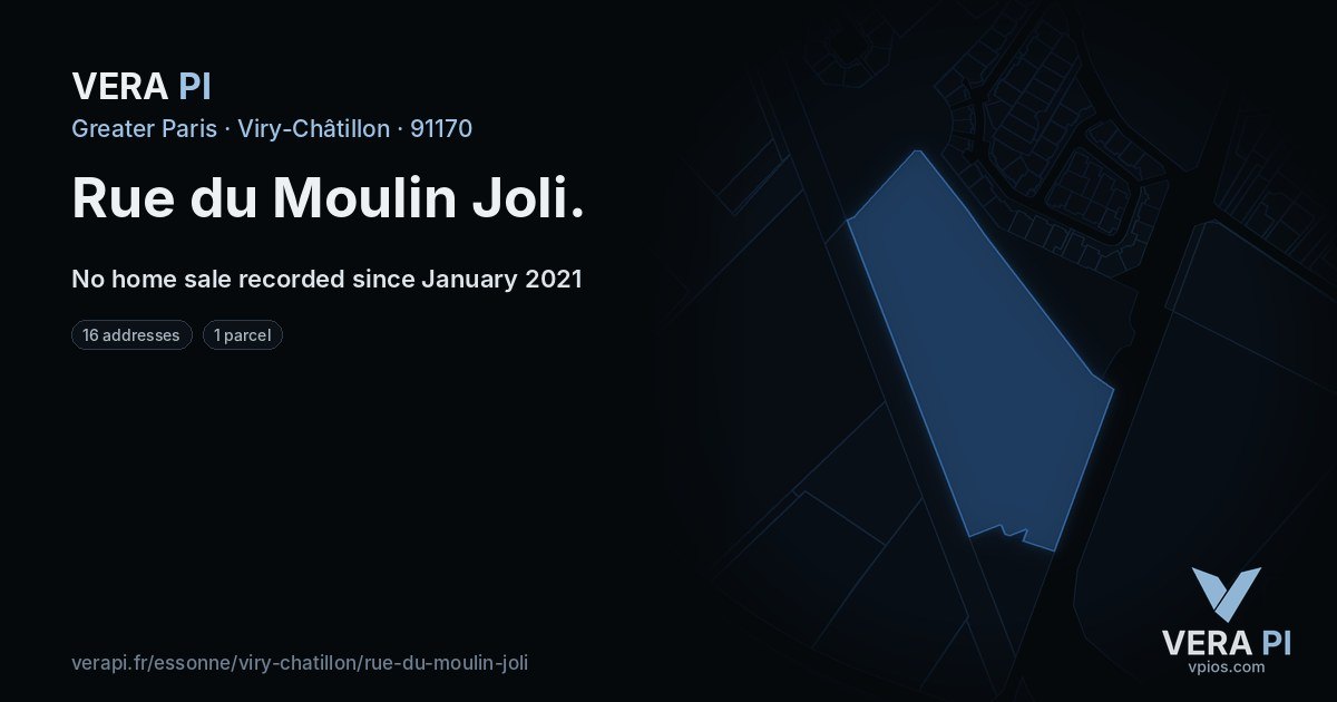 Rue du Moulin Joli, Viry-Châtillon at night – every parcel coloured by the prices around it, the street's own parcels lit