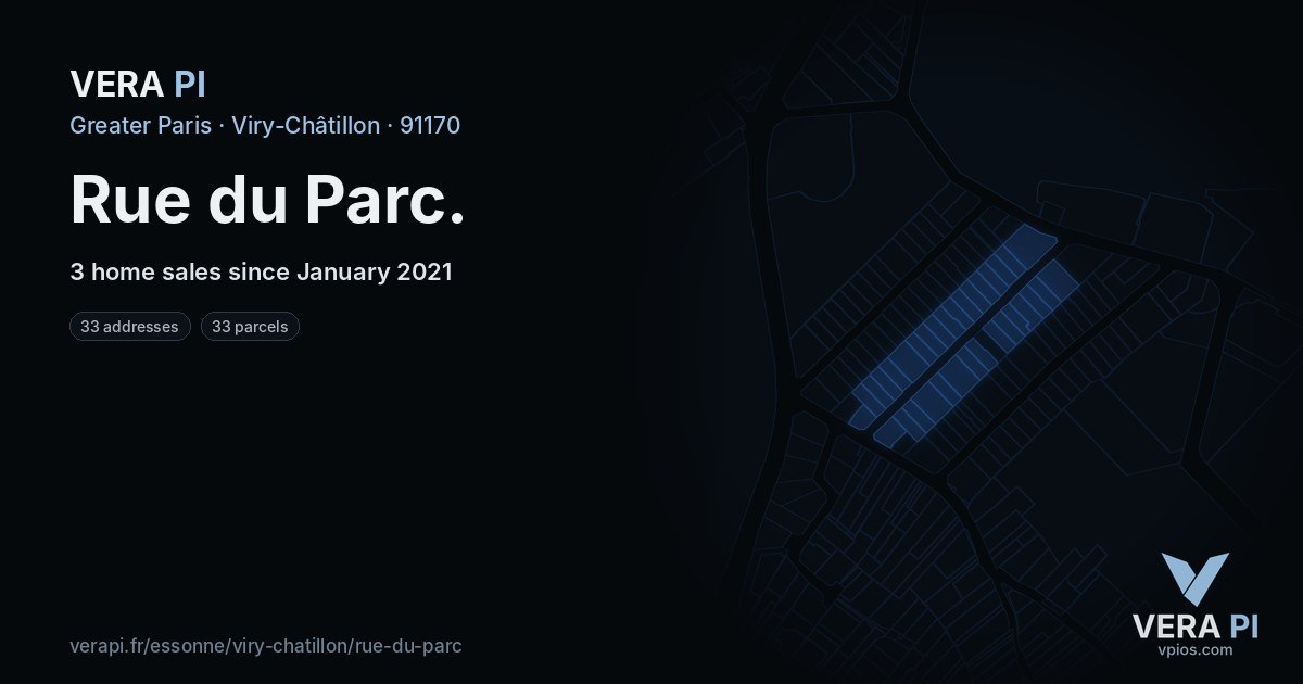 Rue du Parc, Viry-Châtillon at night – every parcel coloured by the prices around it, the street's own parcels lit