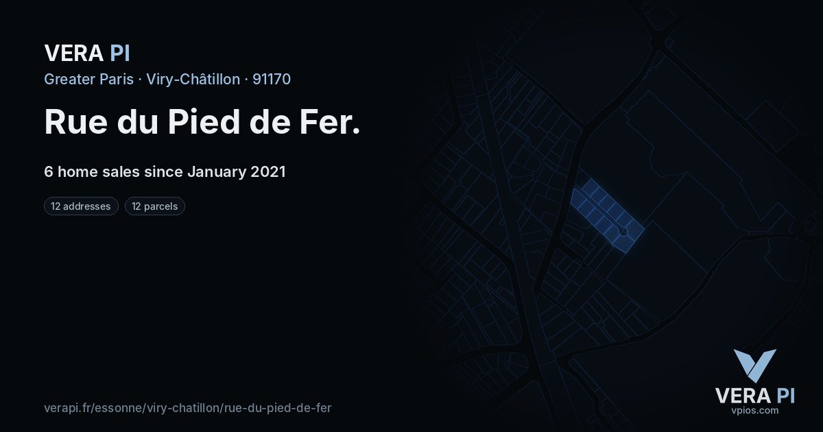 Rue du Pied de Fer, Viry-Châtillon at night – every parcel coloured by the prices around it, the street's own parcels lit