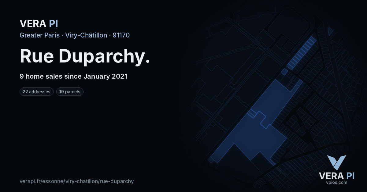 Rue Duparchy, Viry-Châtillon at night – every parcel coloured by the prices around it, the street's own parcels lit