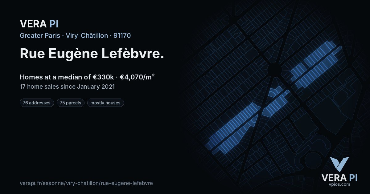 Rue Eugène Lefèbvre, Viry-Châtillon at night – every parcel coloured by the prices around it, the street's own parcels lit