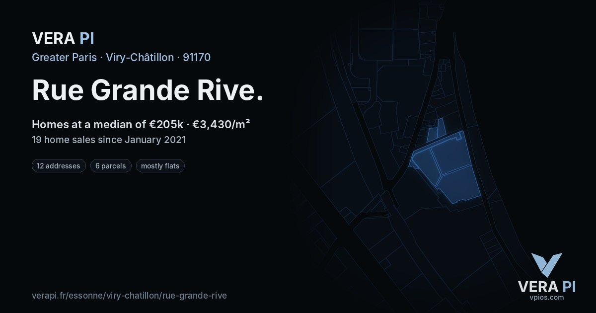 Rue Grande Rive, Viry-Châtillon at night – every parcel coloured by the prices around it, the street's own parcels lit