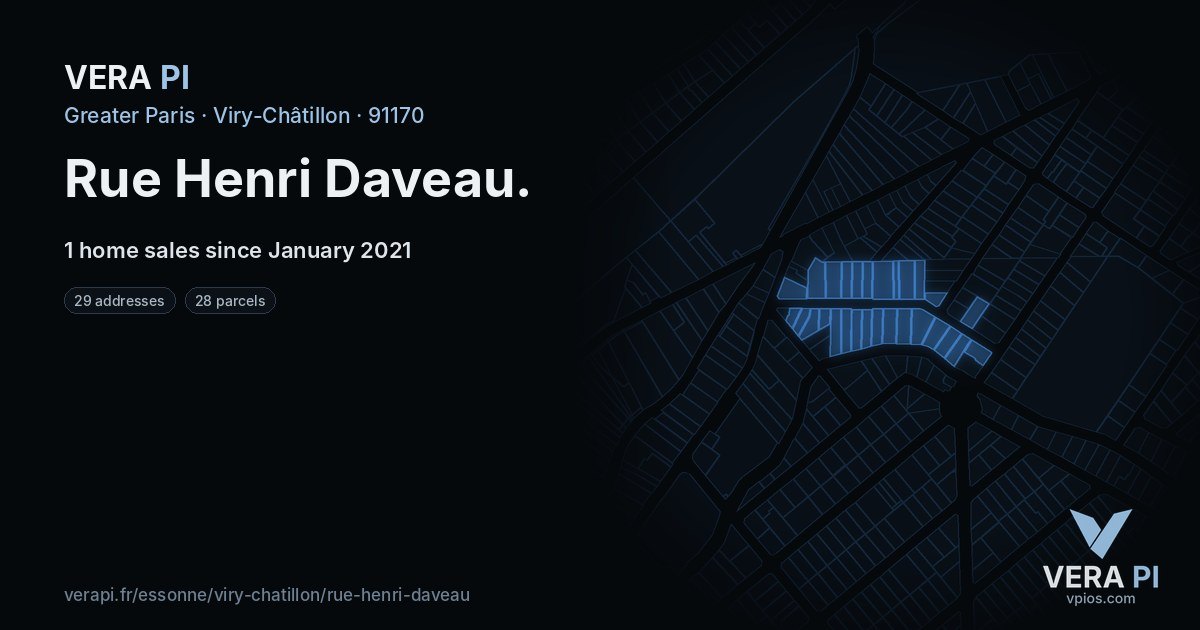 Rue Henri Daveau, Viry-Châtillon at night – every parcel coloured by the prices around it, the street's own parcels lit