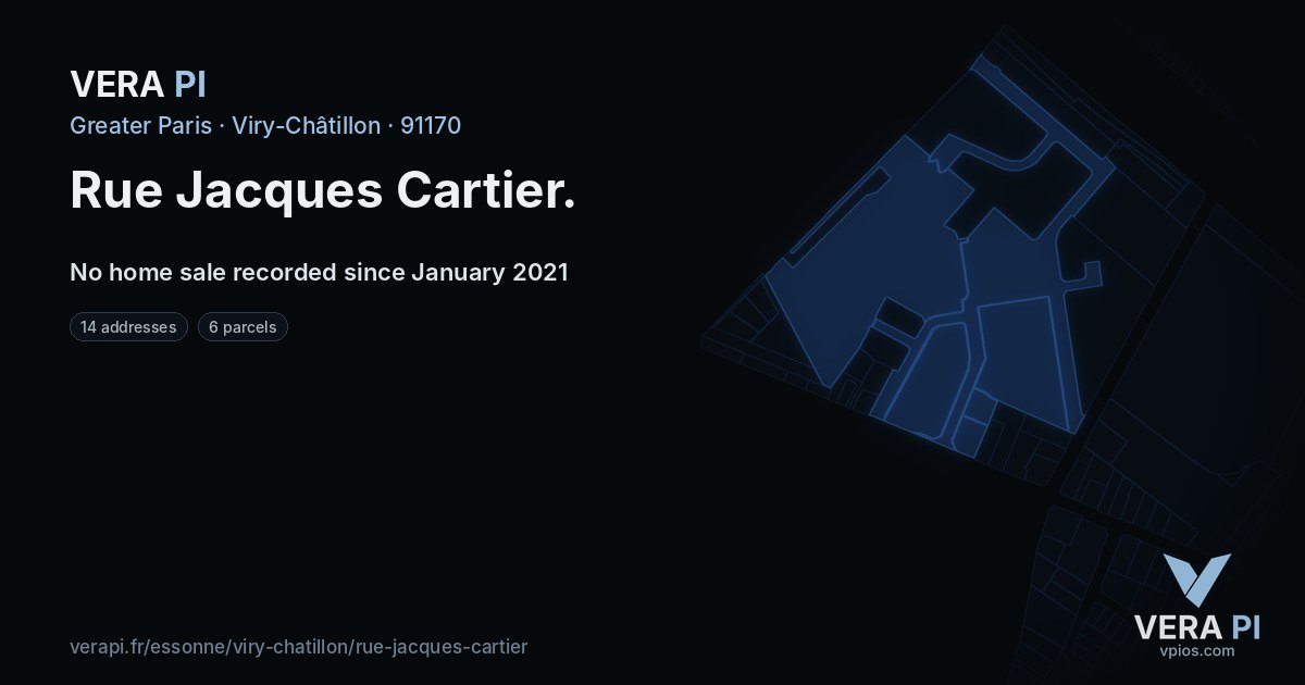 Rue Jacques Cartier, Viry-Châtillon at night – every parcel coloured by the prices around it, the street's own parcels lit