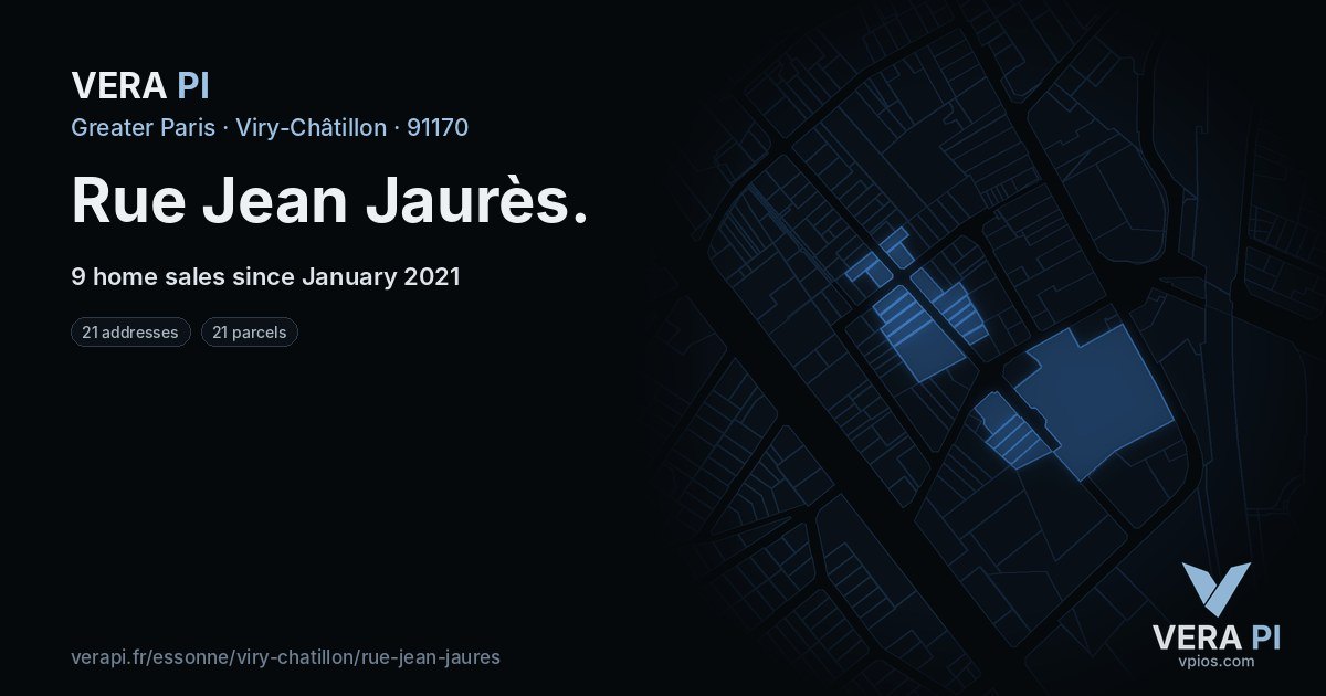 Rue Jean Jaurès, Viry-Châtillon at night – every parcel coloured by the prices around it, the street's own parcels lit