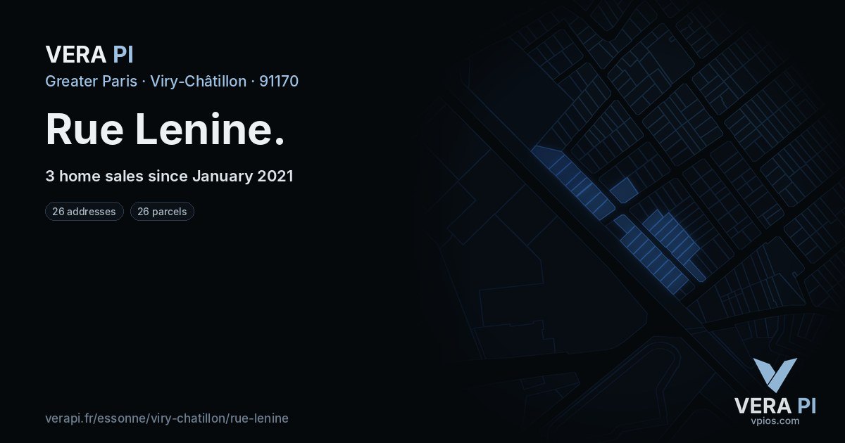 Rue Lenine, Viry-Châtillon at night – every parcel coloured by the prices around it, the street's own parcels lit