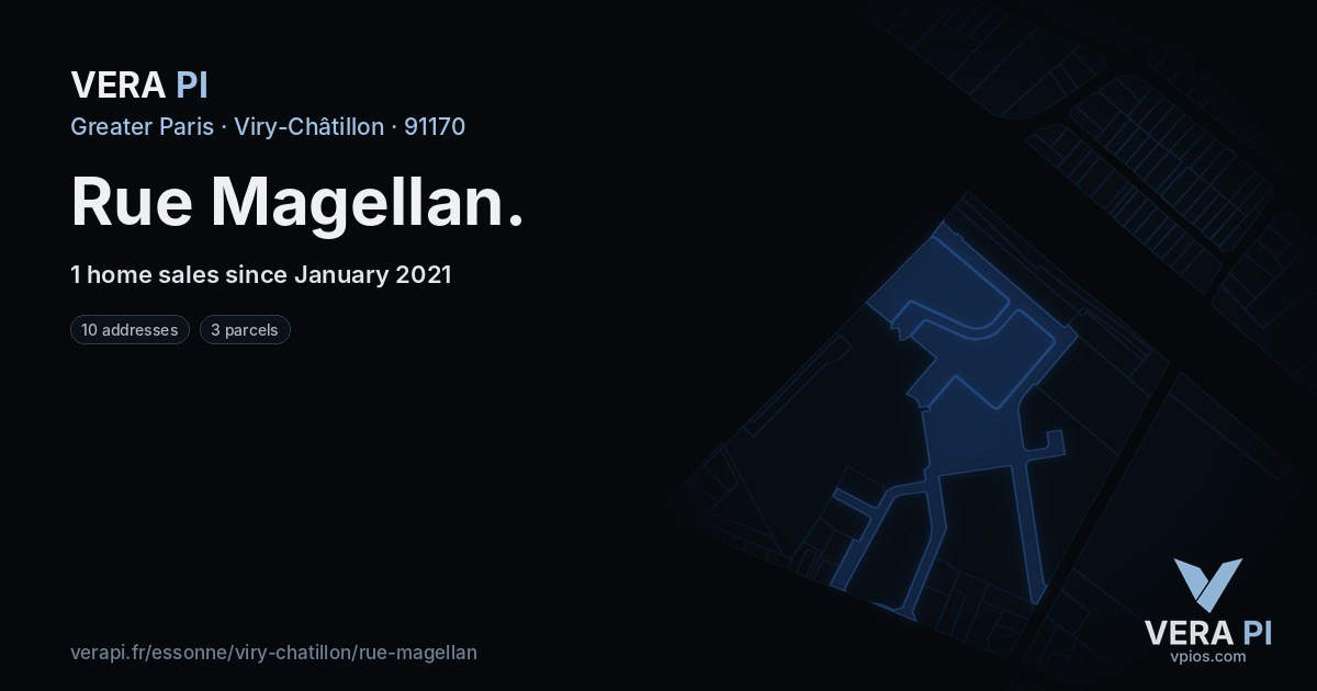 Rue Magellan, Viry-Châtillon at night – every parcel coloured by the prices around it, the street's own parcels lit