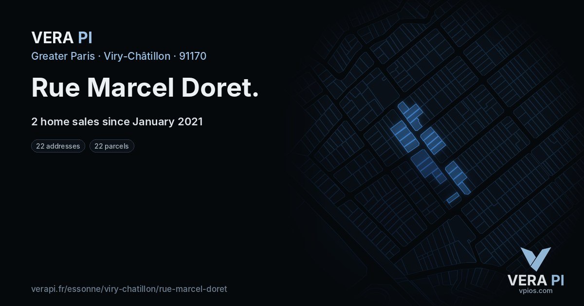 Rue Marcel Doret, Viry-Châtillon at night – every parcel coloured by the prices around it, the street's own parcels lit